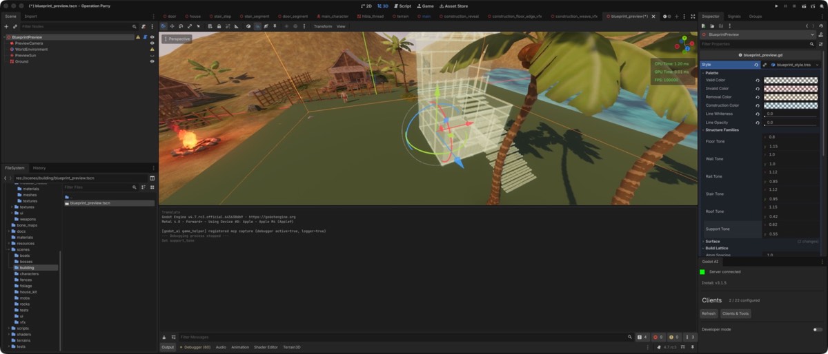 The live Blueprint Preview scene in Godot: a translucent house of floors, walls, stairs, supports and roof stages against Kali’s tropical test environment.